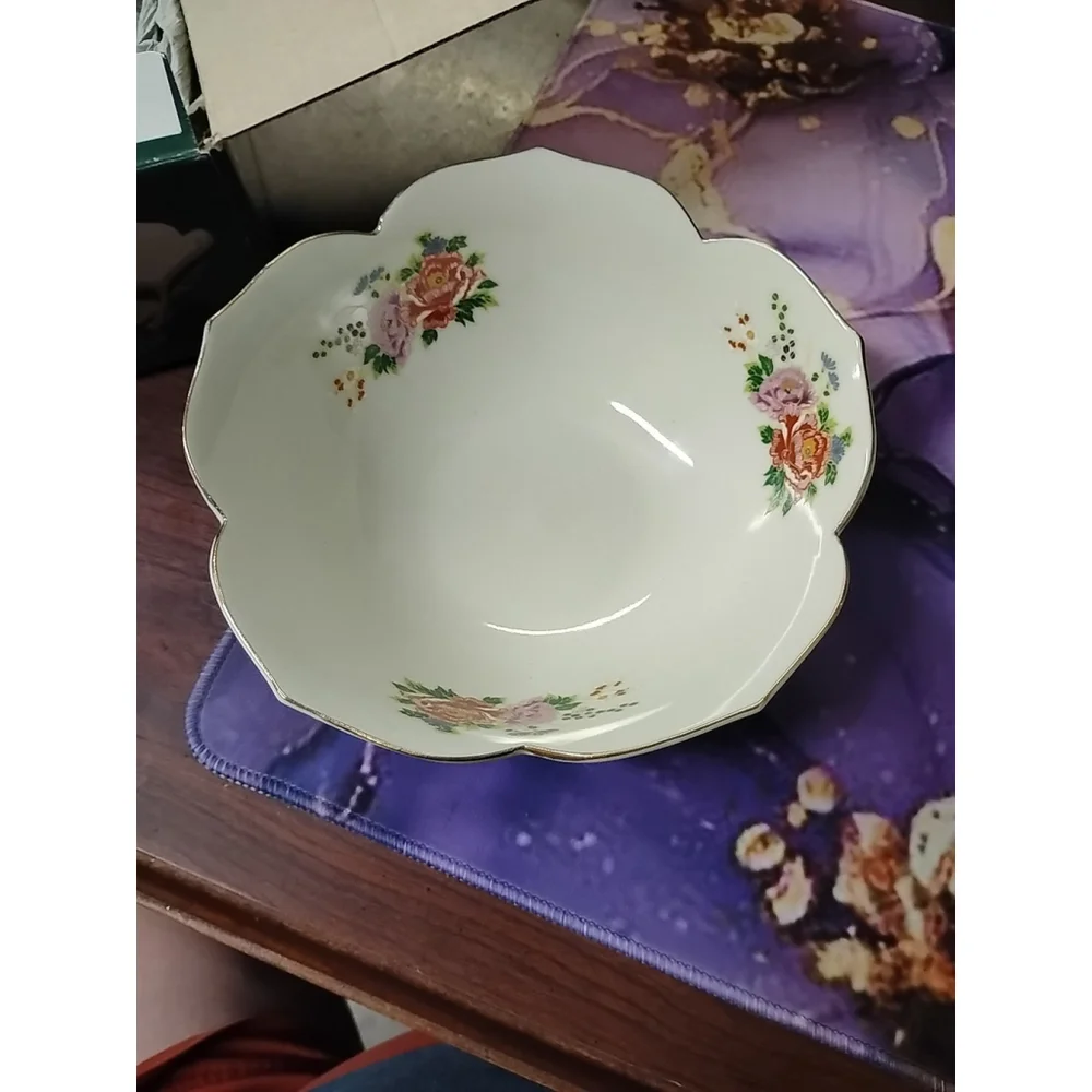 Vintage Satsuma Porcelain Peacock Flowers Lotus Leaf Scalloped Lip Bowl 7